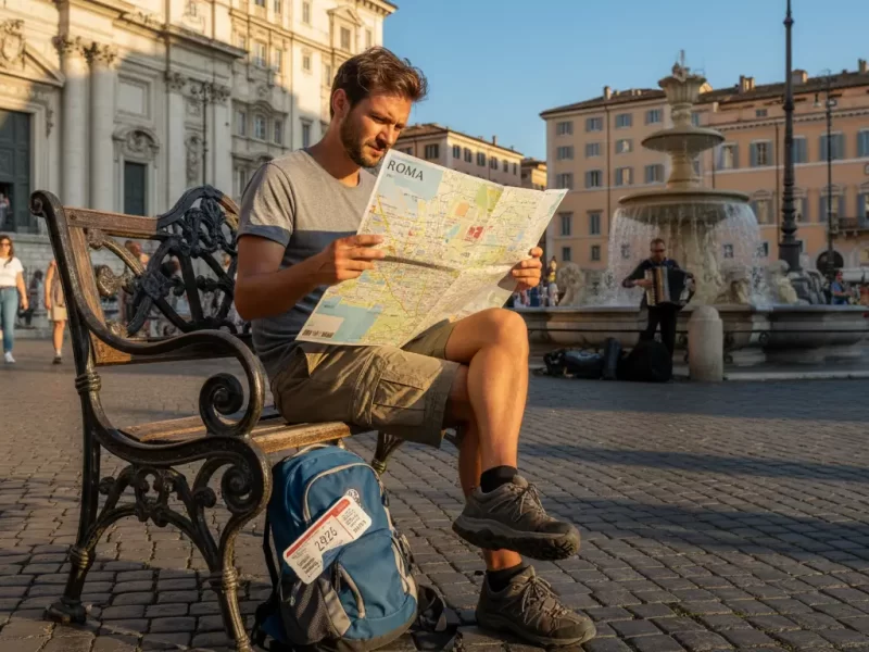 Backpacker die een stedelijke kaart bestudeert