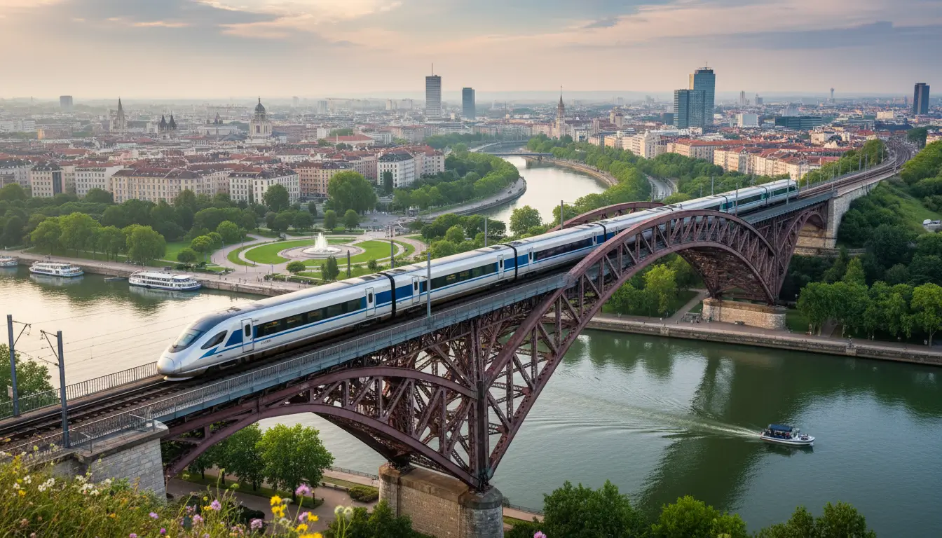 Moderne trein op een spoorbrug