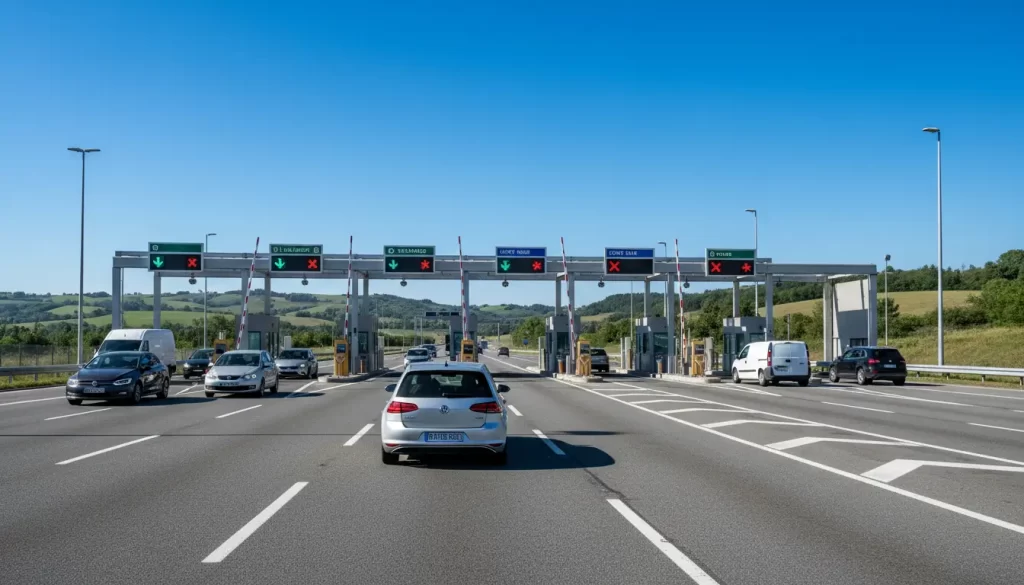 Een compacte Europese auto die langzaam een meerbaans tolpoort met slagboom nadert.