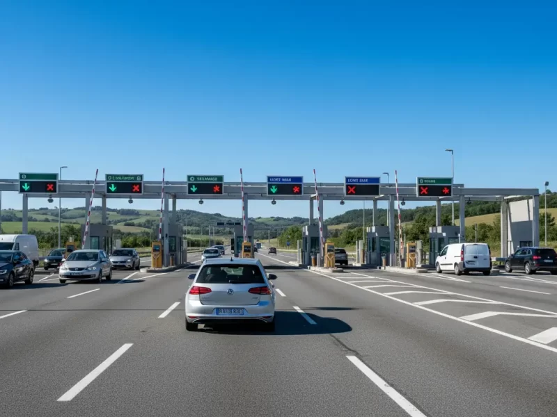 Een compacte Europese auto die langzaam een meerbaans tolpoort met slagboom nadert.