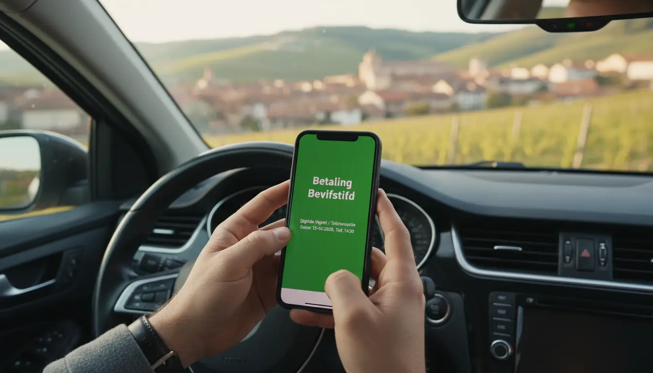 Een close-up van een smartphonescherm dat een groene 'Betaling Bevestigd'-melding toont voor een digitale vignet of een toltransactie.