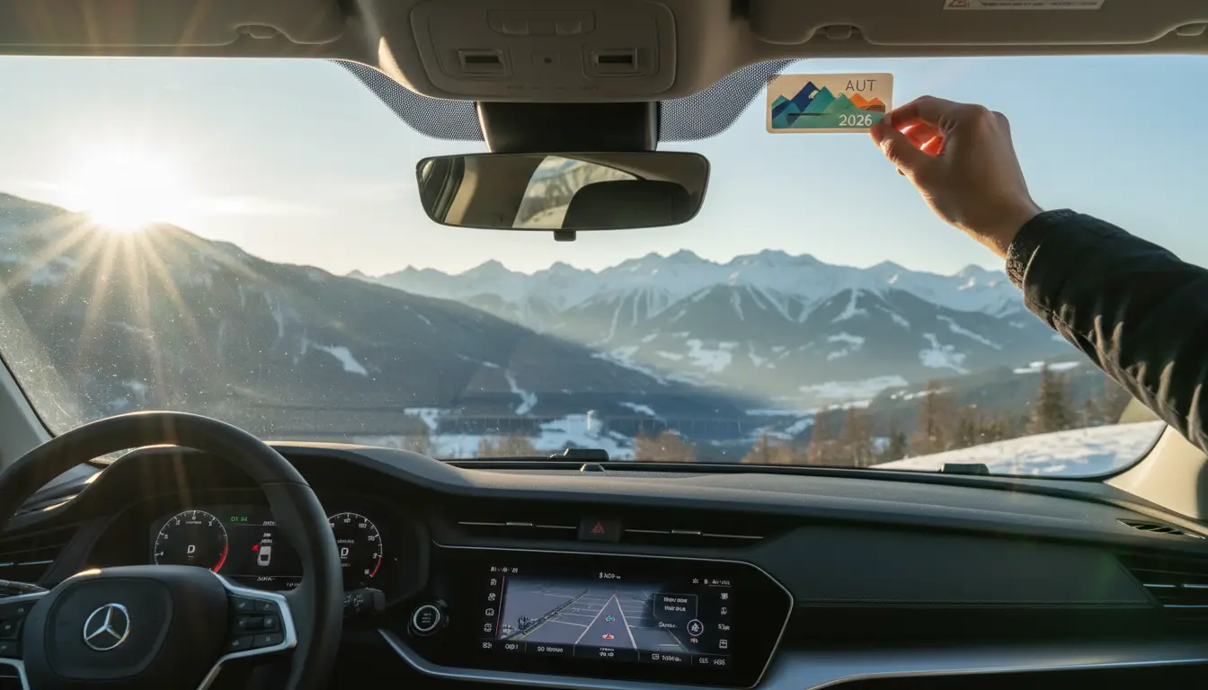 Een hand die een fysieke, kleurrijke vignetsticker zorgvuldig op de binnenkant van een autoruit plakt.