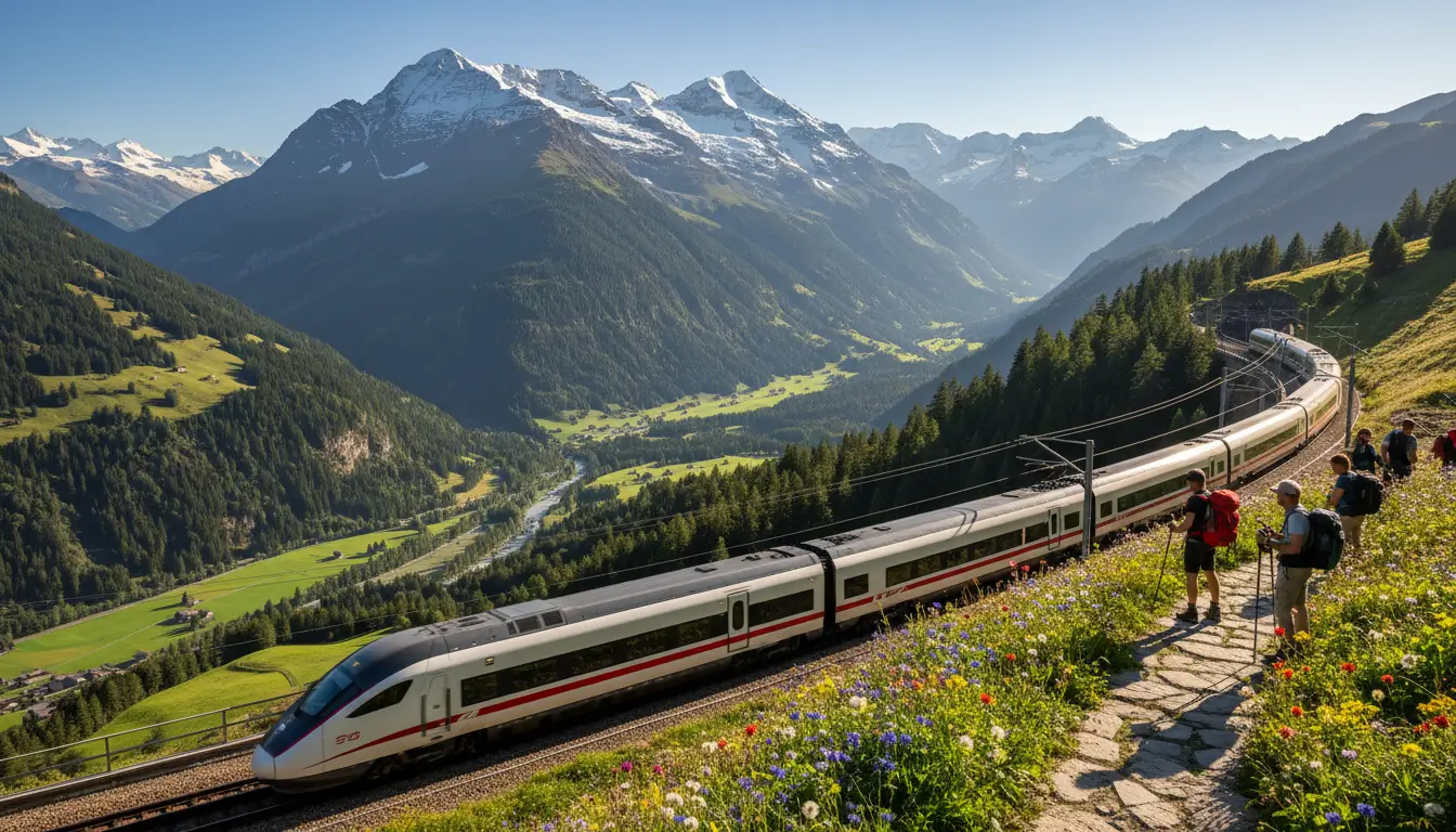 Een moderne hogesnelheidstrein die door een schilderachtig berglandschap rijdt