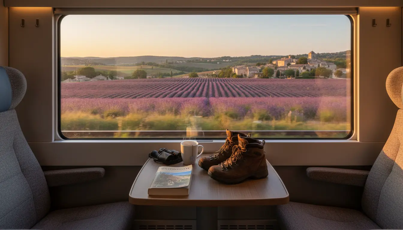 Een paar leren wandelschoenen en een lokale wandelgids op een tafeltje