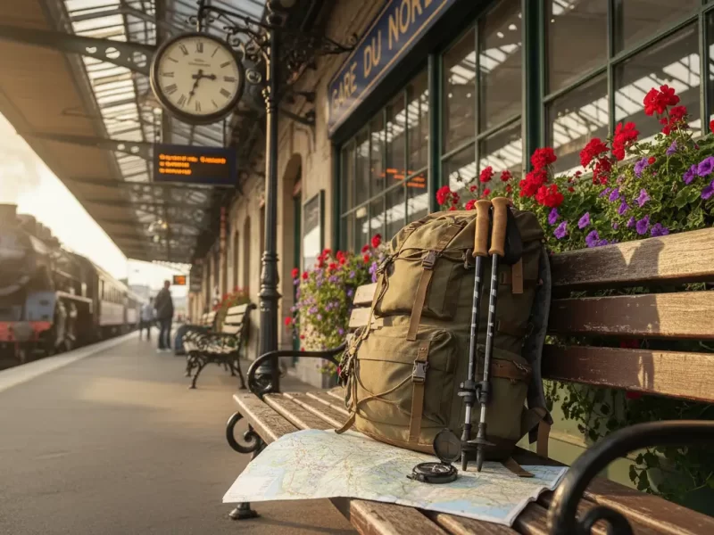 Een robuuste wandelrugzak met wandelstokken en een uitgestrekte kaart