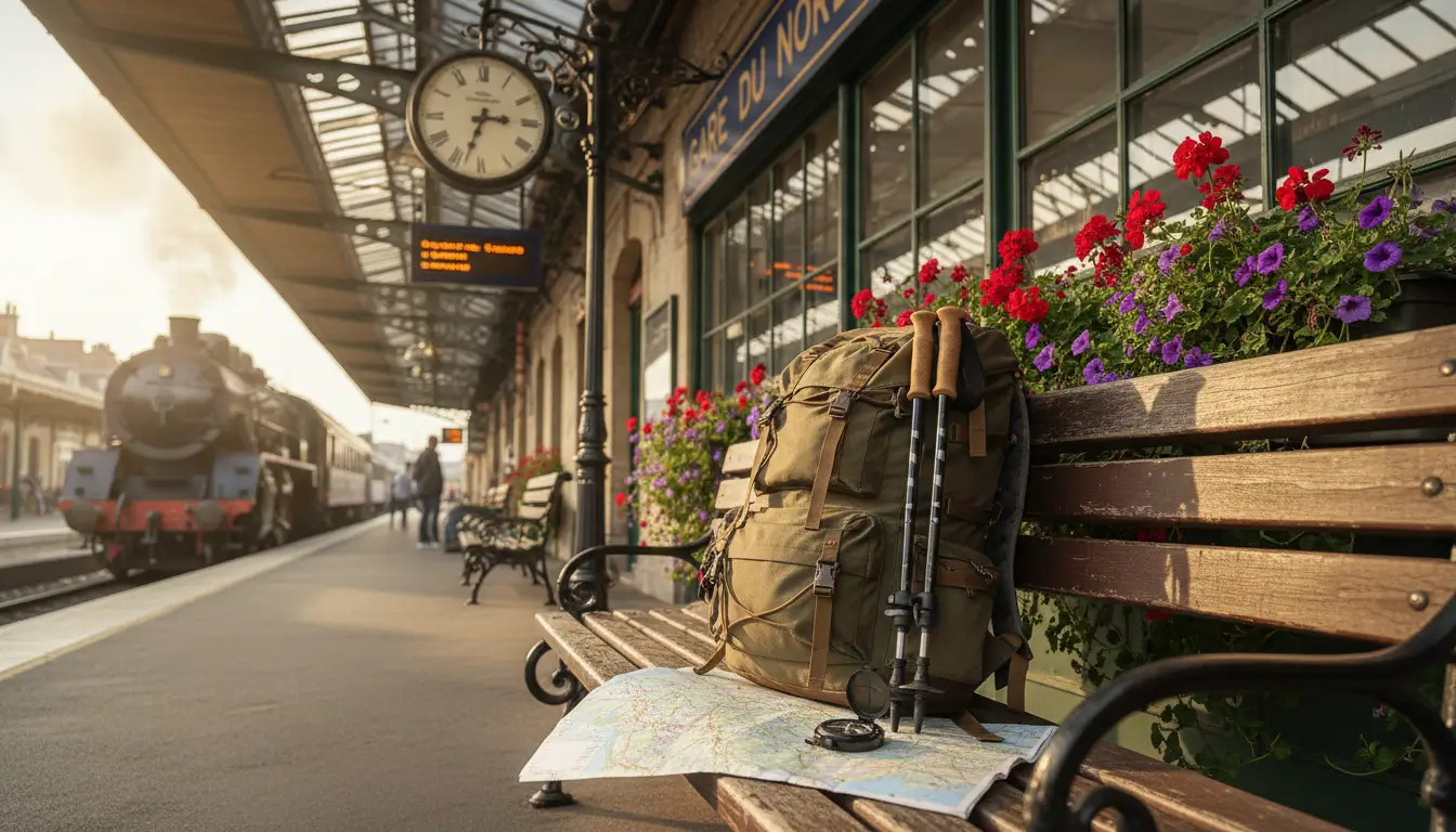 Een robuuste wandelrugzak met wandelstokken en een uitgestrekte kaart