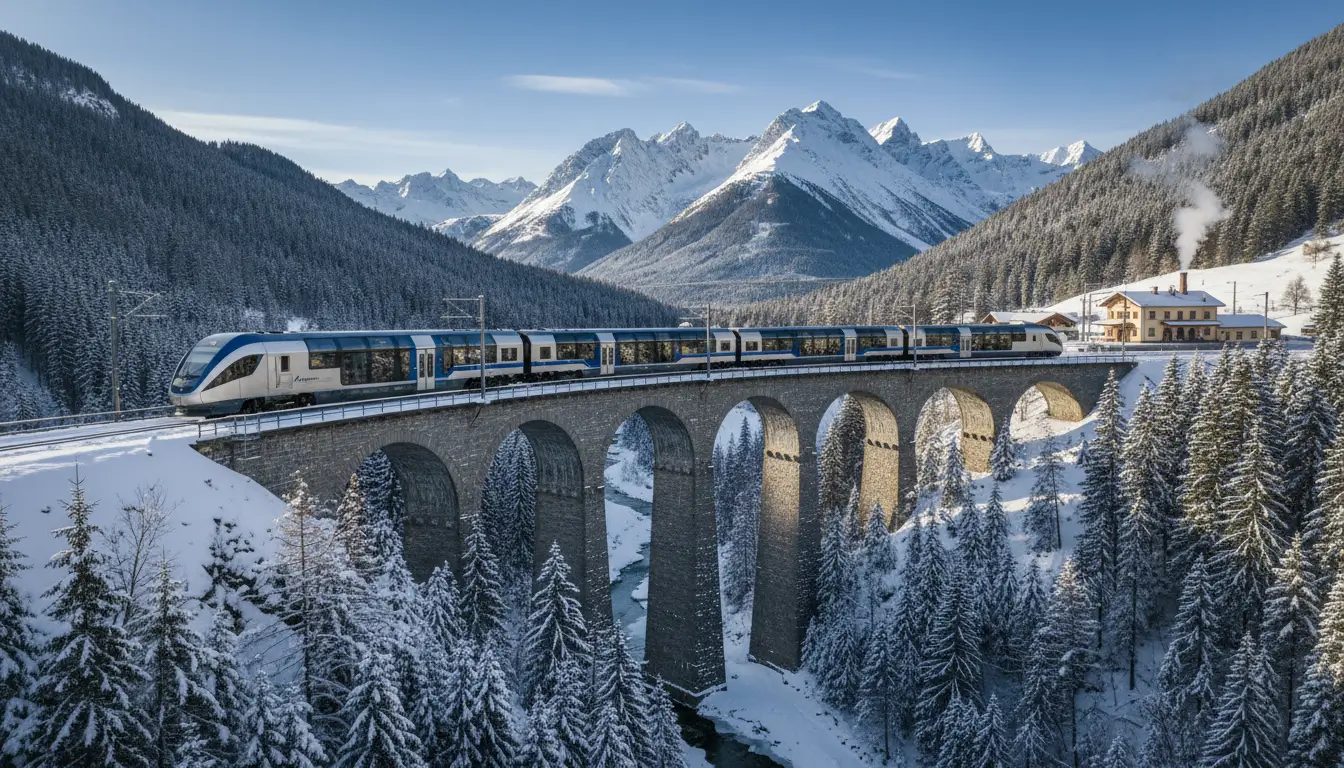 Een iconische Europese trein (bijv. een moderne panoramatrein) die door een winterlandschap rijdt.