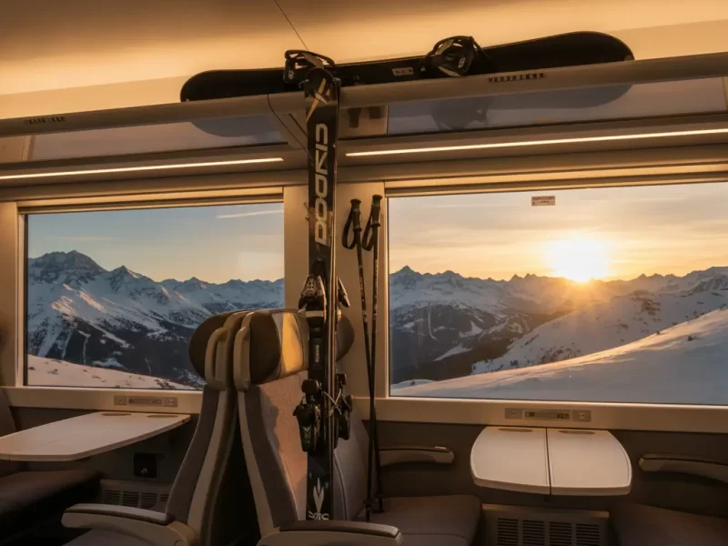 Een ski- of snowboarduitrusting (ski's, stokken, snowboard) verticaal geplaatst in een bagagerek.