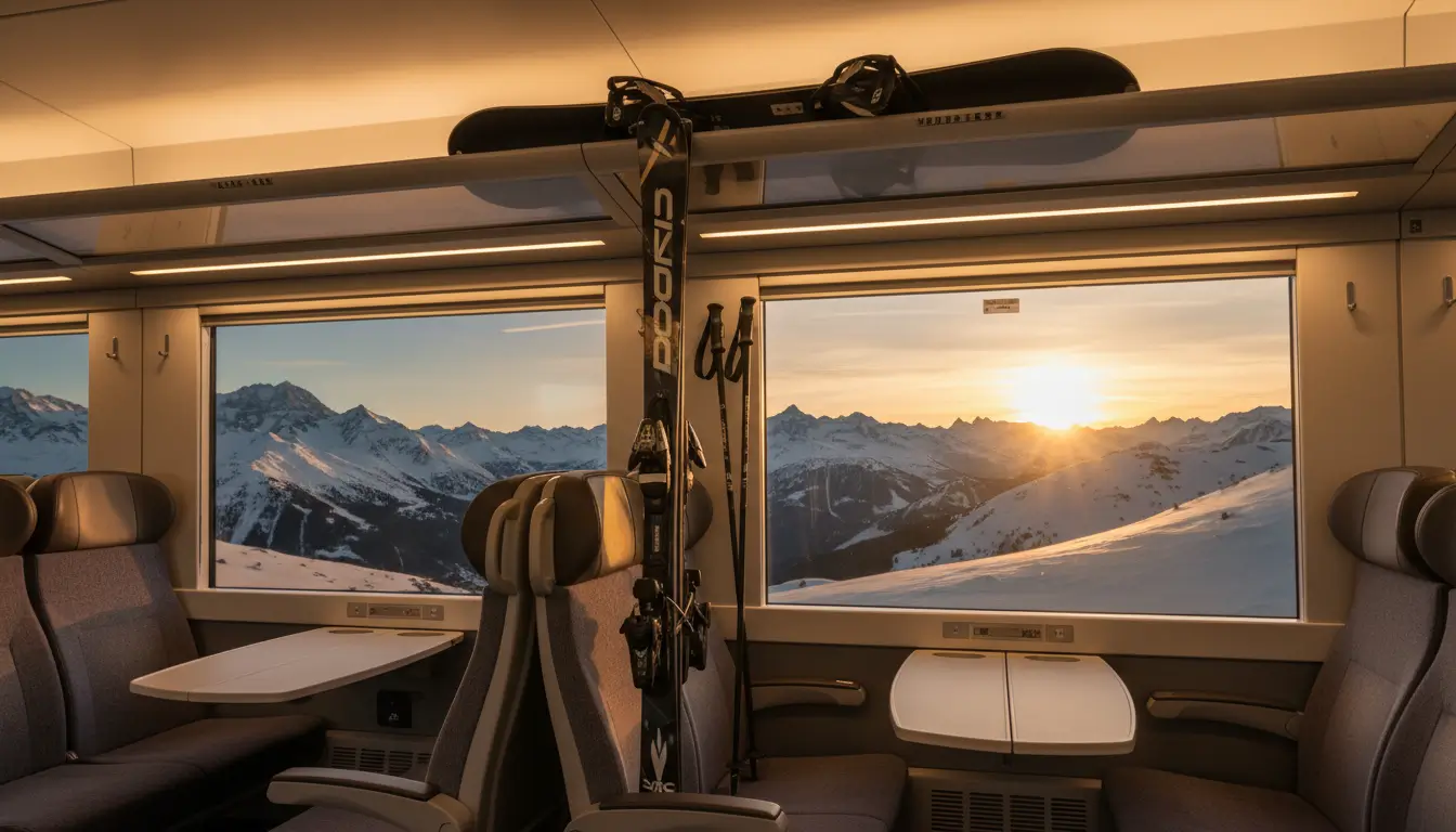 Een ski- of snowboarduitrusting (ski's, stokken, snowboard) verticaal geplaatst in een bagagerek.