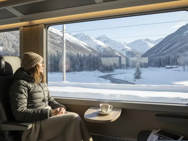 Een reiziger die uit het raam van een trein kijkt