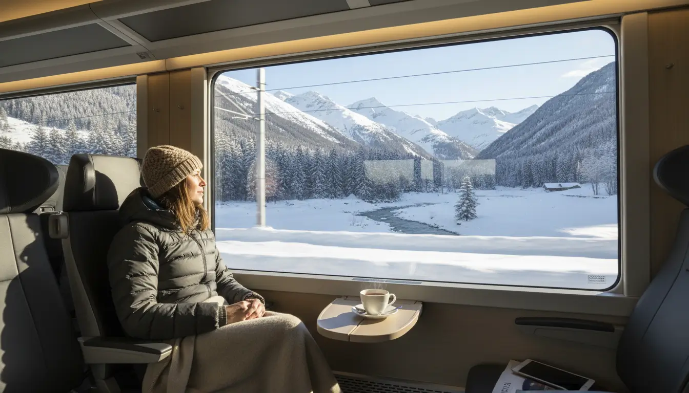 Een reiziger die uit het raam van een trein kijkt