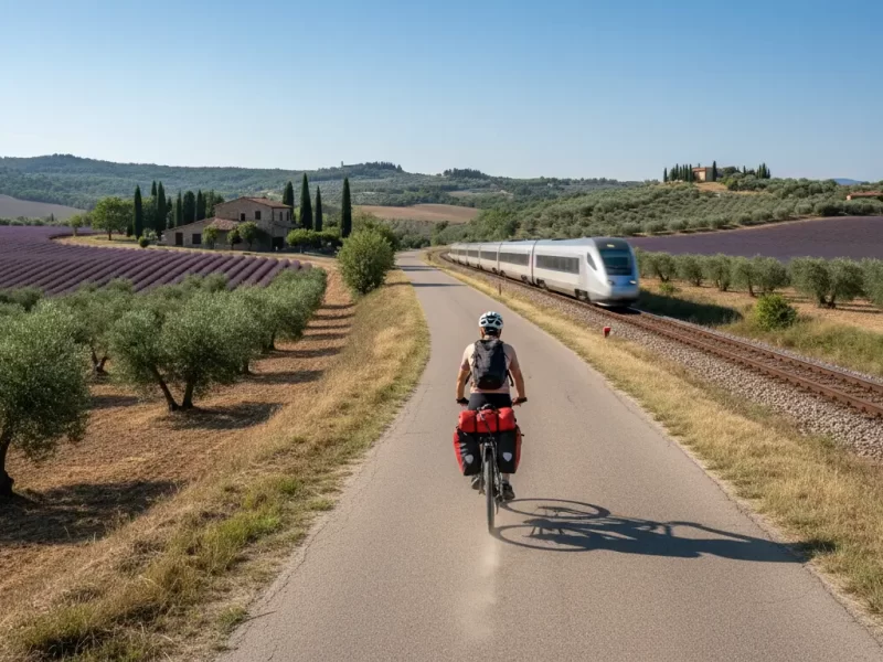 Een fietser met een helm en rugzak die over een schilderachtig landweggetje fietst, wegrijdend van een net gepasseerde trein die nog in de verte zichtbaar is