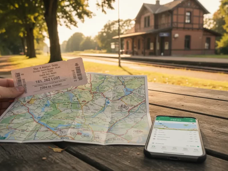Een close-up van een opengevouwen papieren treinkaartje en een gedetailleerde kaart van een fietsroute, beide worden vastgehouden door een hand met een smartphone ernaast waarop een reis-app openstaat