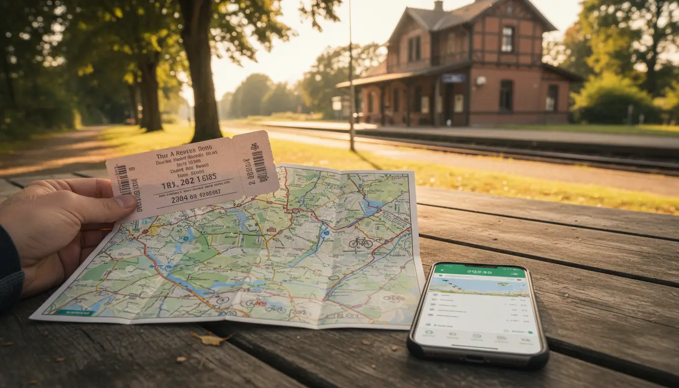 Een close-up van een opengevouwen papieren treinkaartje en een gedetailleerde kaart van een fietsroute, beide worden vastgehouden door een hand met een smartphone ernaast waarop een reis-app openstaat
