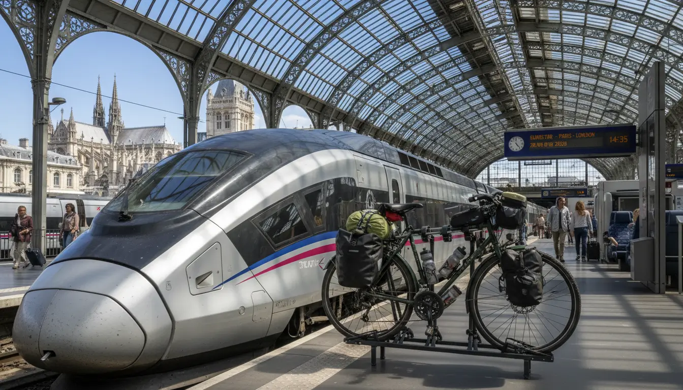 Een moderne tourfiets met bagagetassen, stevig vastgemaakt op een specifiek fietsenrek van een Eurostar-achtige hogesnelheidstrein