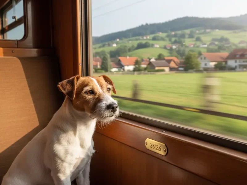 Een kleine hond (bijv. een Jack Russell of Teckel) die nieuwsgierig uit een treinstraam kijkt.