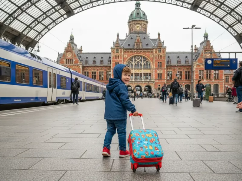 Een jong kind (3-5 jaar oud) dat een kleine, kleurrijke rolkoffer trekt.