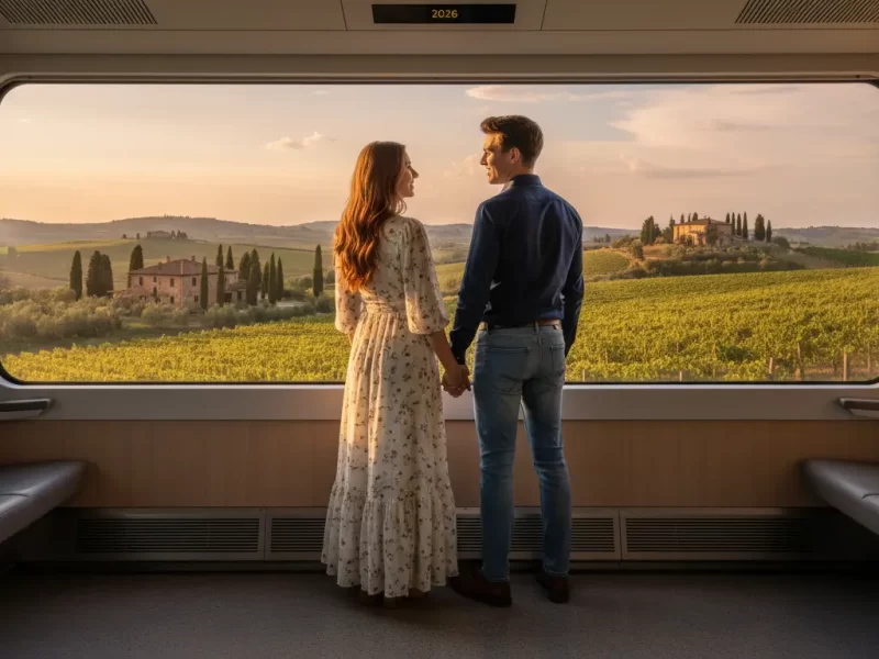 Een jong koppel staat dicht bij elkaar en kijkt hand in hand naar een adembenemend uitzicht vanuit een panoramisch treinraam.