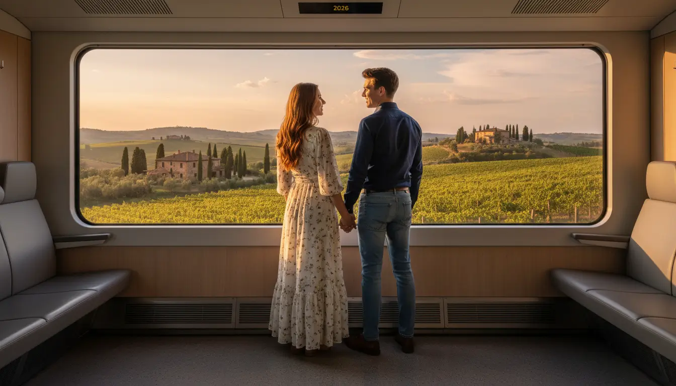 Een jong koppel staat dicht bij elkaar en kijkt hand in hand naar een adembenemend uitzicht vanuit een panoramisch treinraam.