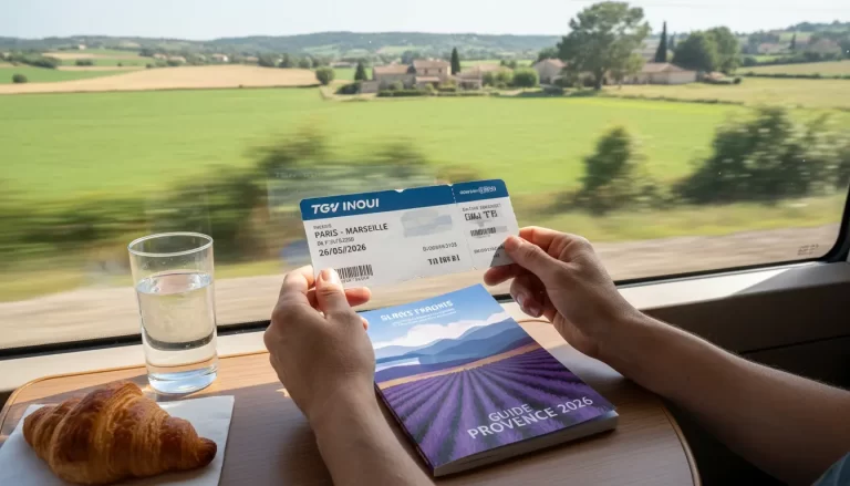 Een paar handen die een treinkaartje en een reisgids vasthouden.