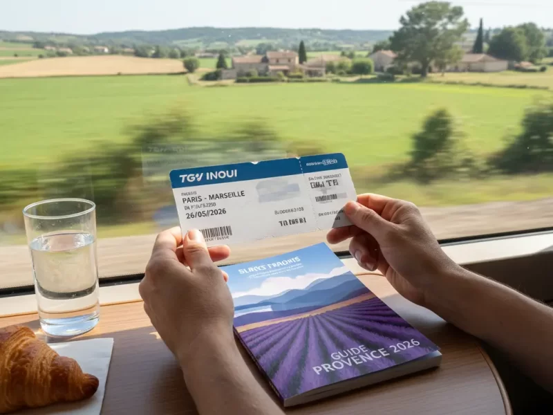 Een paar handen die een treinkaartje en een reisgids vasthouden.