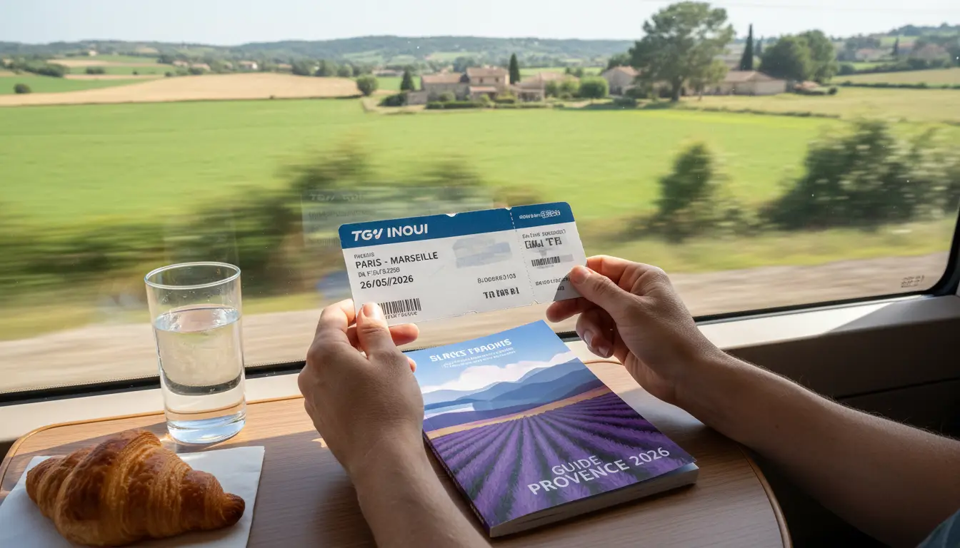 Een paar handen die een treinkaartje en een reisgids vasthouden.