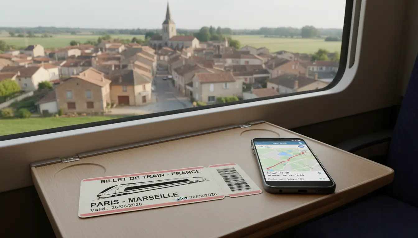 Een treinkaartje en een smartphone met een routeplanner app open.