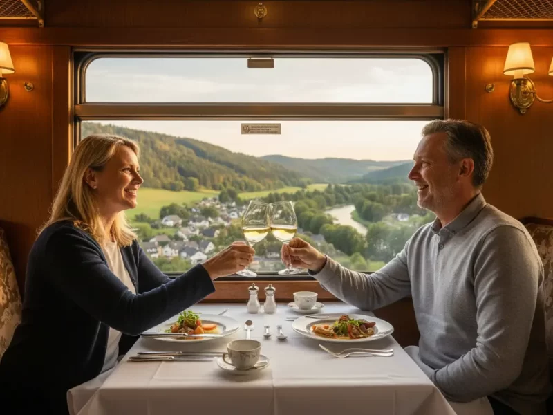 Een glimlachend stel van middelbare leeftijd geniet van een maaltijd in een restauratiewagon.