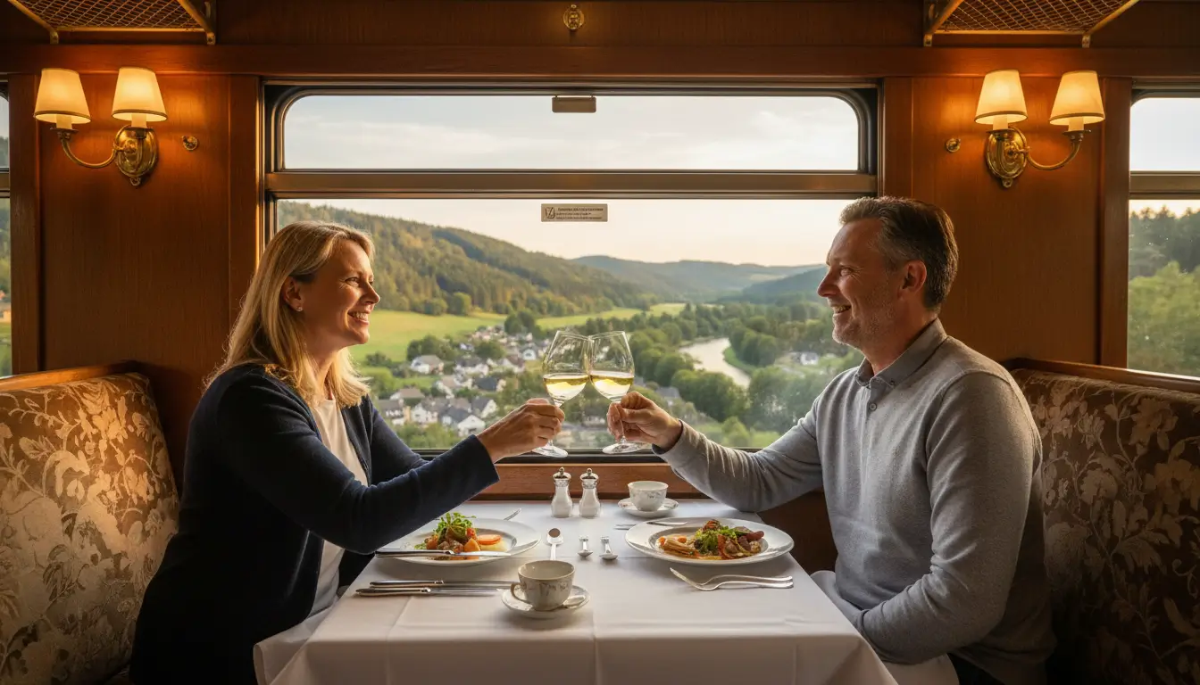 Een glimlachend stel van middelbare leeftijd geniet van een maaltijd in een restauratiewagon.