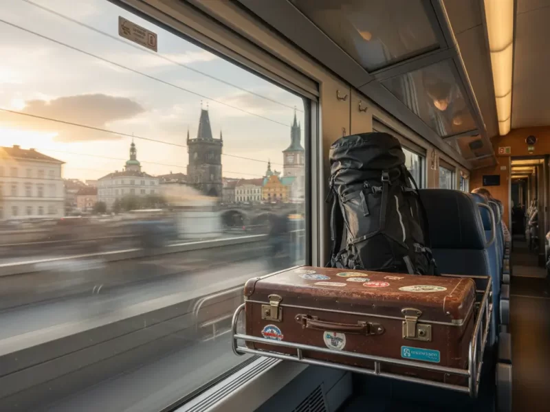 Een bagagerek met een vintage koffer en een moderne rugzak.