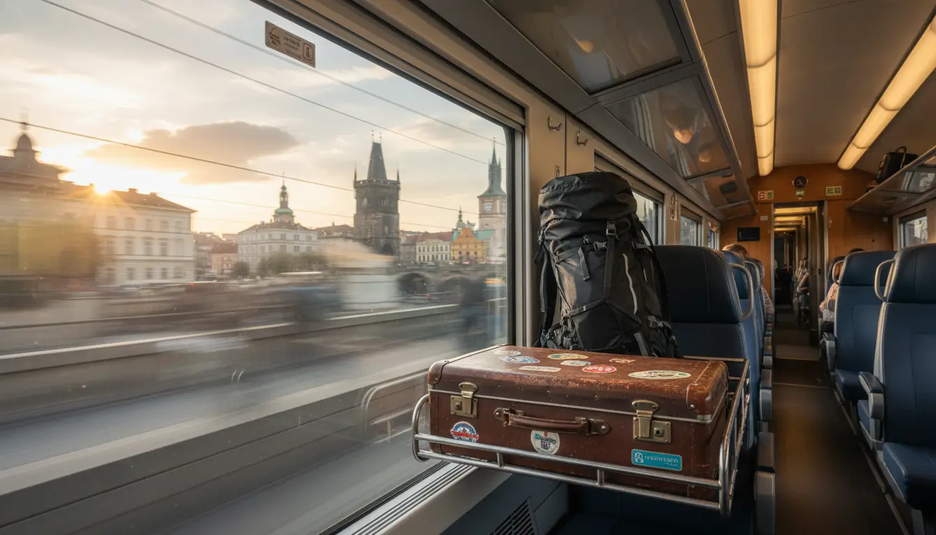 Een bagagerek met een vintage koffer en een moderne rugzak.