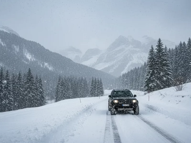 Een donkere SUV, duidelijk voorzien van winterbanden of sneeuwkettingen, rijdt voorzichtig.