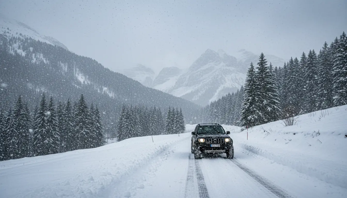 Een donkere SUV, duidelijk voorzien van winterbanden of sneeuwkettingen, rijdt voorzichtig.