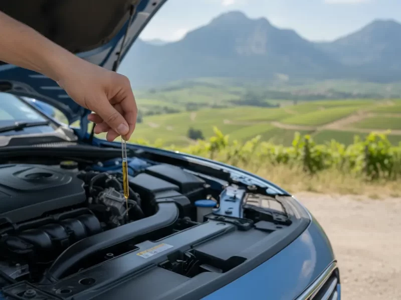 Een hand die een peilstok uit de motor van een auto trekt, met het oliepeil op de peilstok duidelijk zichtbaar.