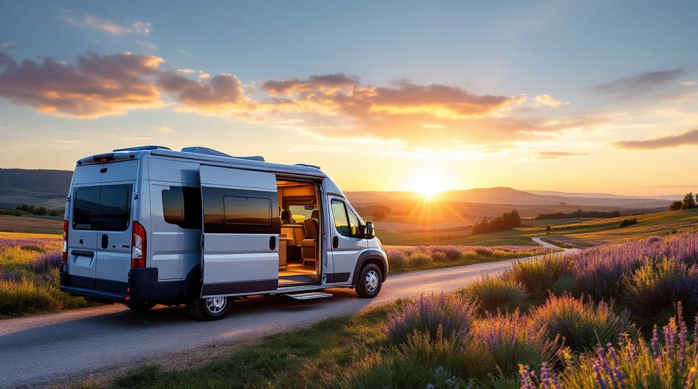 Een buscamper met de achterdeuren open, waar kampeerspullen te zien zijn.