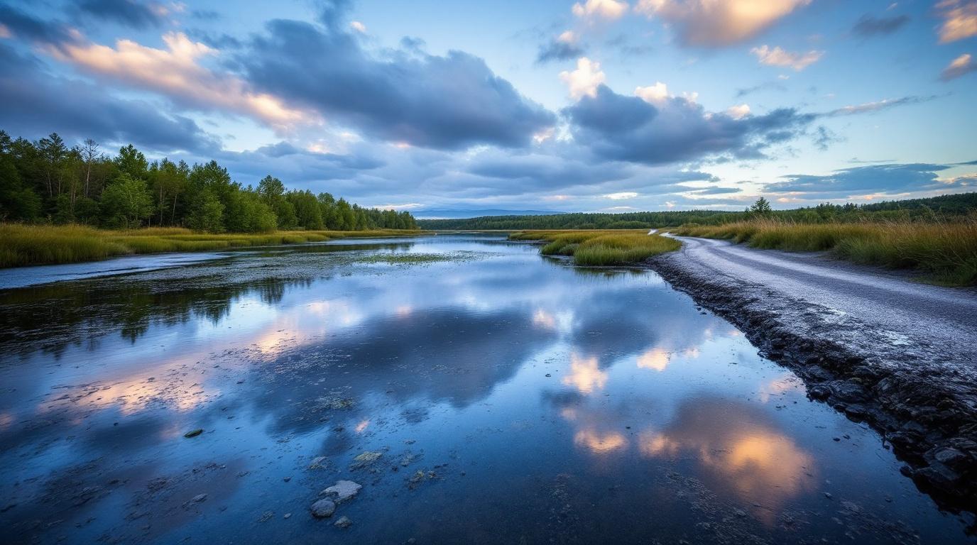 Het rustige, spiegelgladde oppervlak van een bergmeer