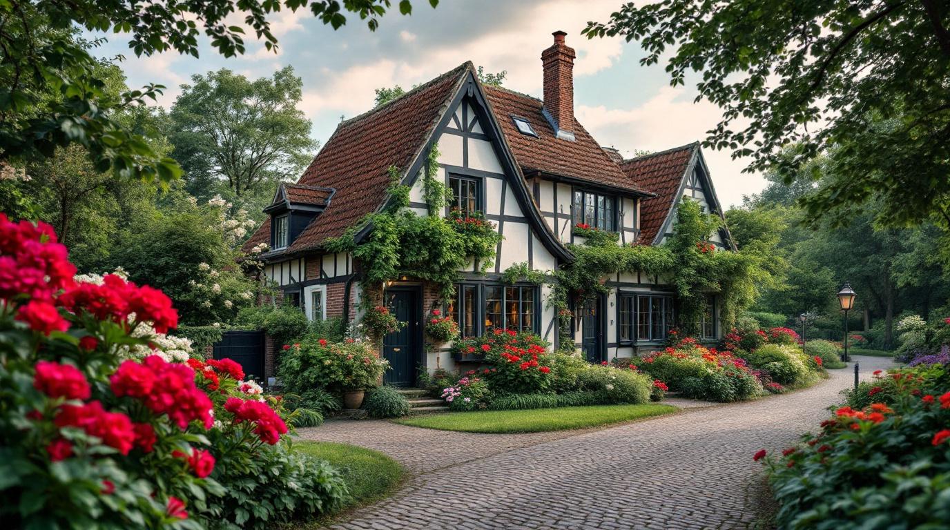 Een traditioneel vakwerkhuis met rode geraniums in bloembakken