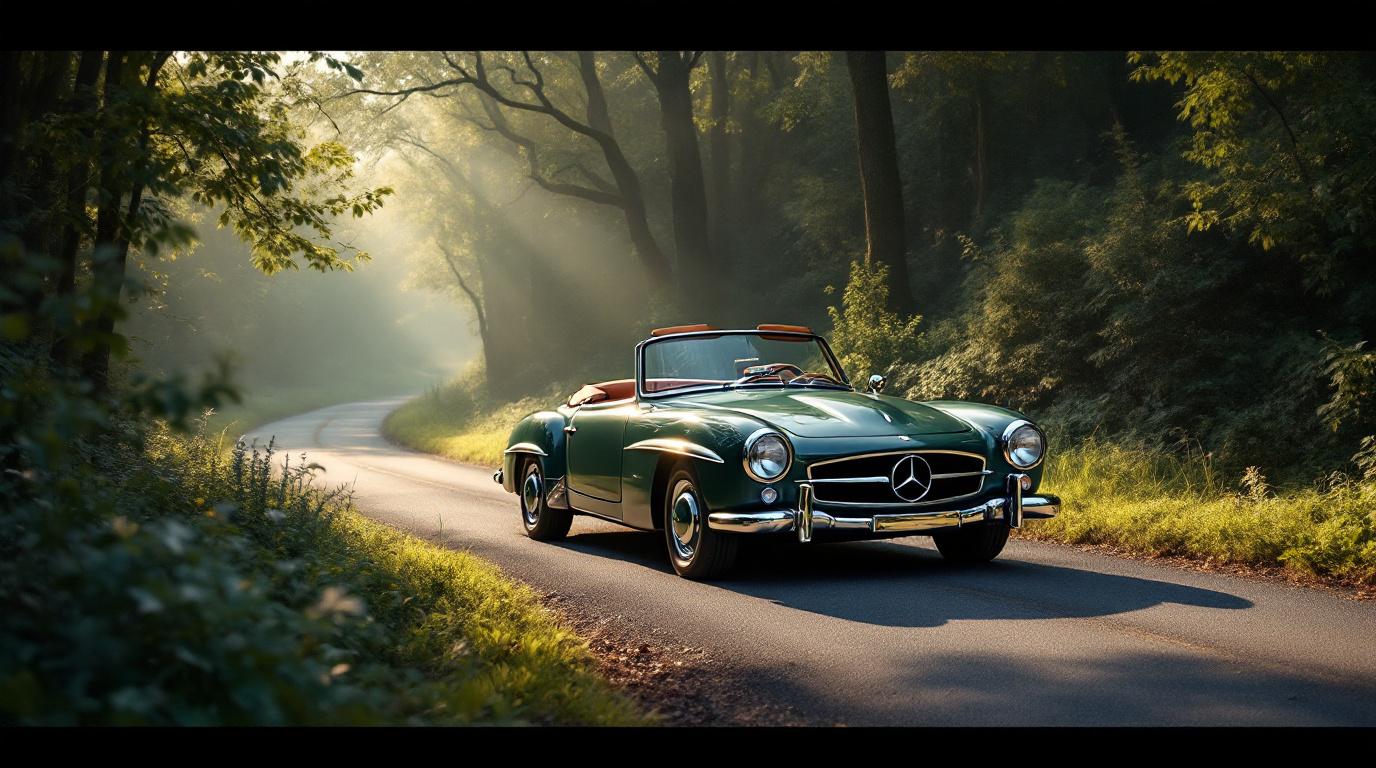 Een klassieke, donkergroene Mercedes-Benz 190 SL cabriolet