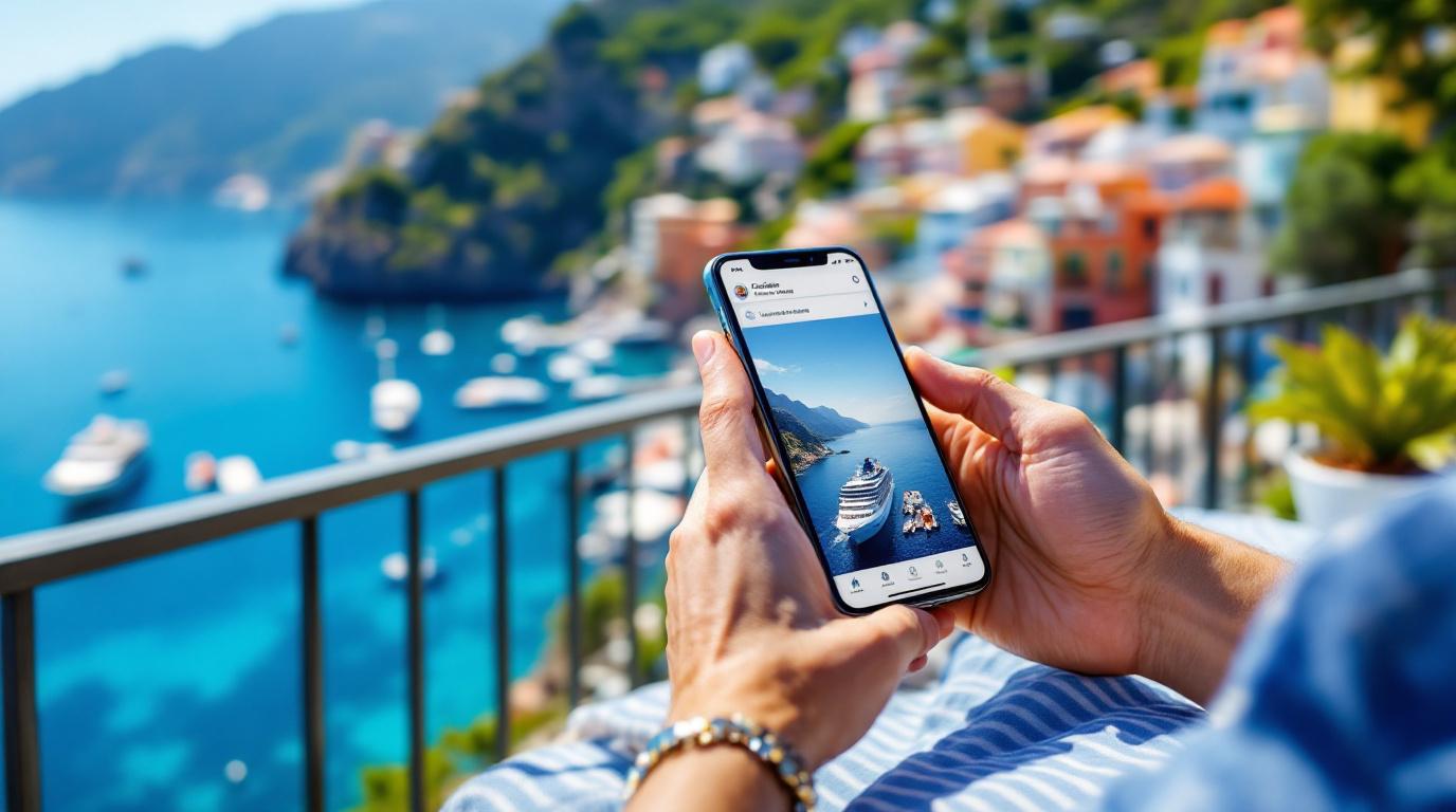Een detailopname van een smartphone-scherm dat een online cruiseboekingsbevestiging toont, met meerdere kleine, onverwachte toeslagen zichtbaar in de totaalprijs.