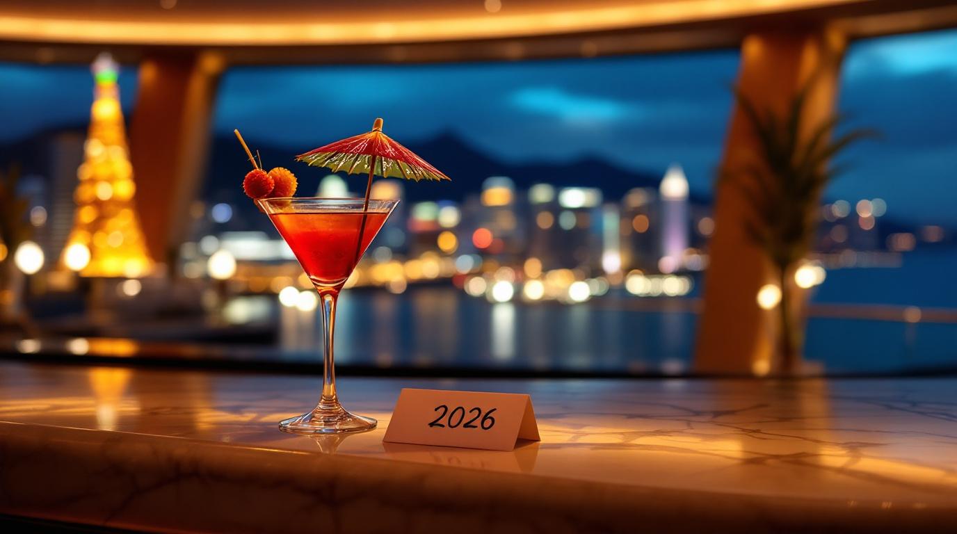 Een cocktailglas met een decoratieve paraplu, met daaronder een papieren servet waar een prijs op geschreven staat, duidelijk duurder dan verwacht.