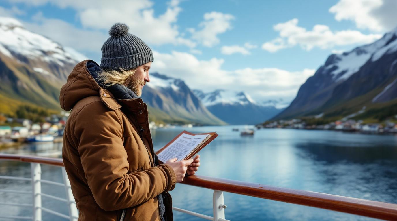 Een reiziger (een volwassene van 30-50 jaar) met een licht gefronst voorhoofd, die een boekingsbevestiging of een folder van een reisorganisatie aandachtig bestudeert.