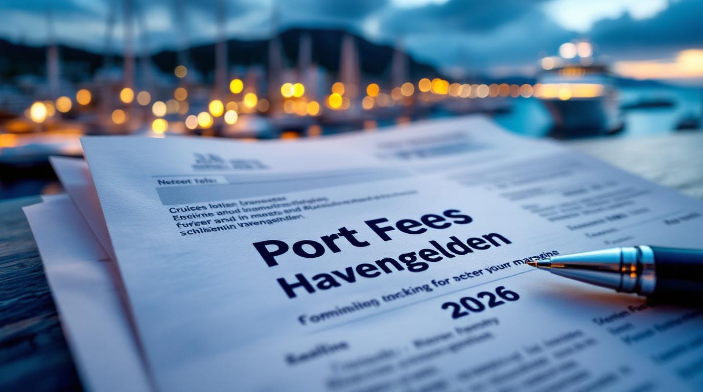 Een close-up van een specifieke regel op een afgedrukte cruise-boeking of een factuur, met de tekst 'Port Fees' of 'Havengelden' duidelijk zichtbaar, mogelijk omcirkeld of benadrukt met een pen.