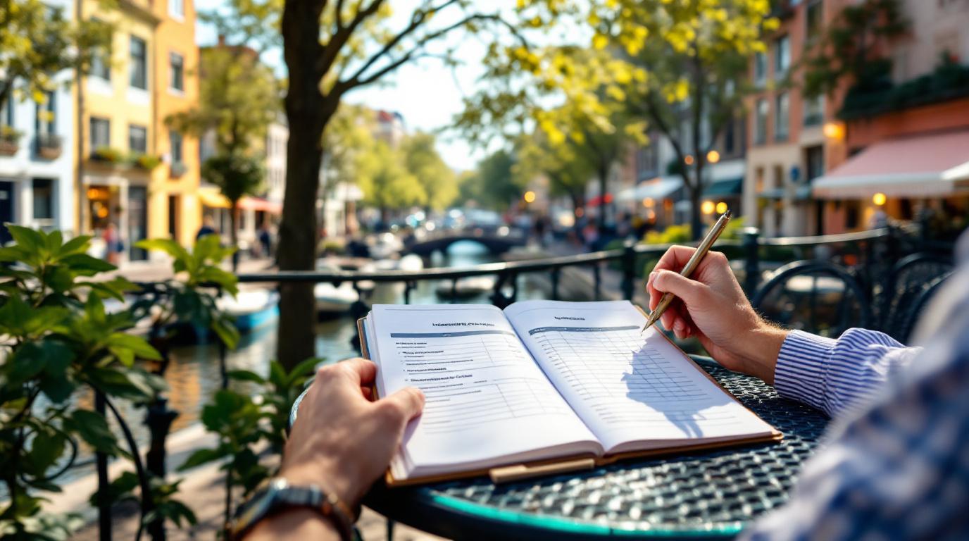 Een open reisplanner die een pagina toont over een boottocht, met een vinger die wijst naar een sectie over 'Inbegrepen/Uitgesloten Kosten'.