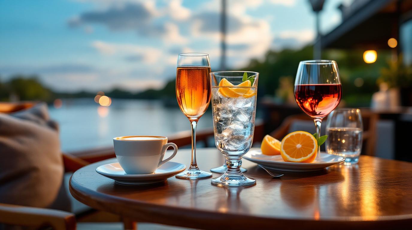 Een elegante reeks diverse drankjes: een sprankelende mimosa, een rijke espresso, een verfrissend glas water met citroen en een glas rode wijn.