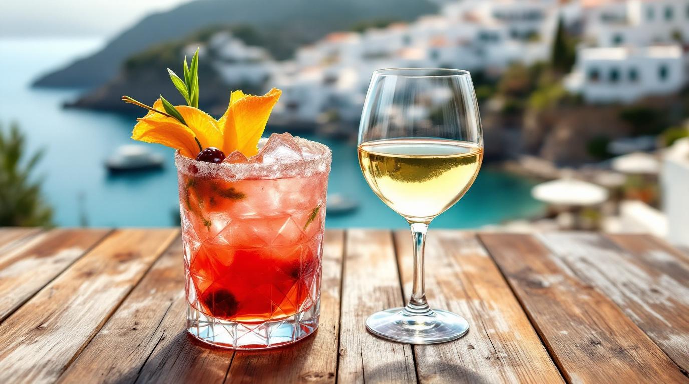 Two distinct glasses side-by-side: one a vibrant, exotic cocktail, the other a simple, elegant glass of local wine.