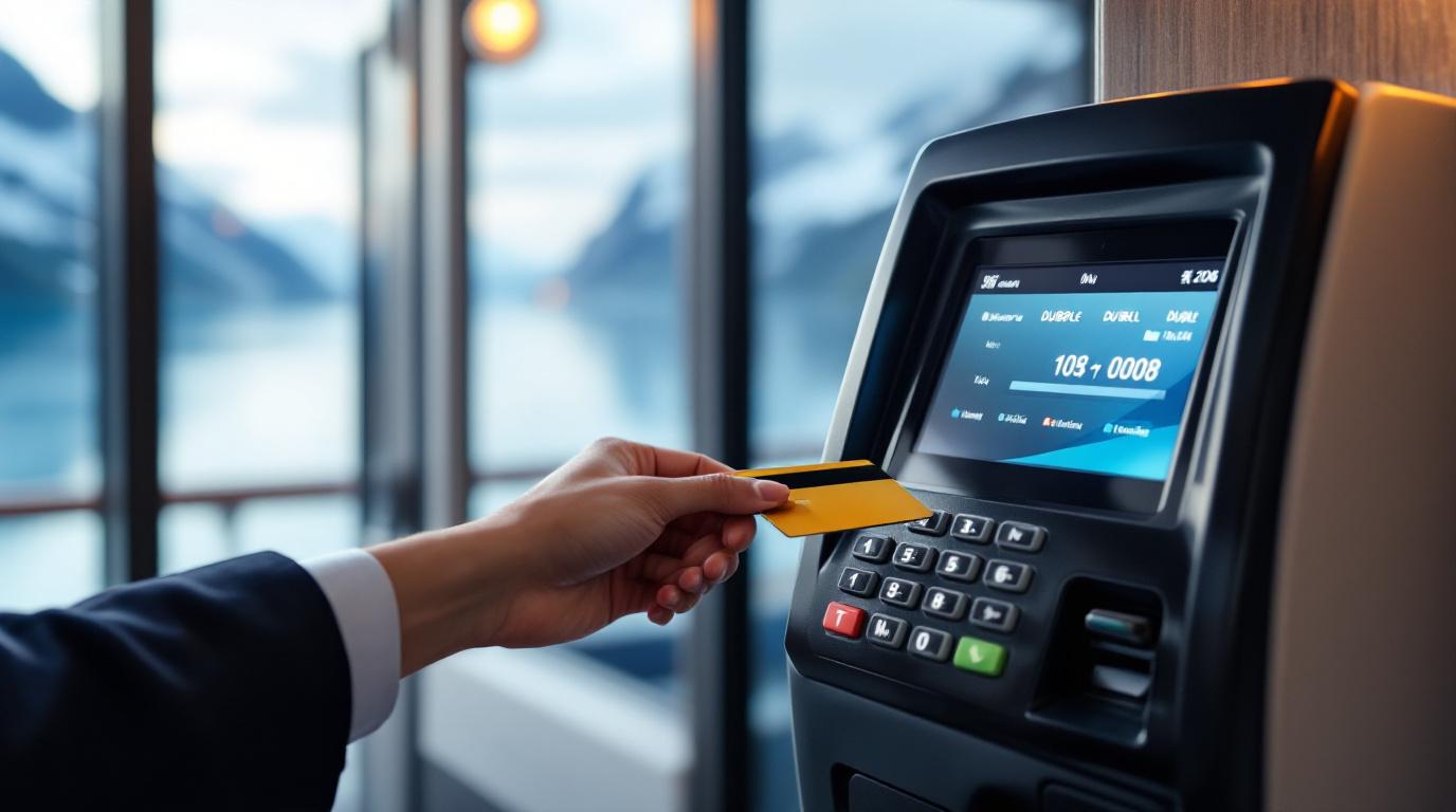 Een hand die een creditcard probeert te gebruiken bij een betaalautomaat aan boord van een cruiseschip, terwijl het digitale scherm een onverwacht hoog of dubbel bedrag toont