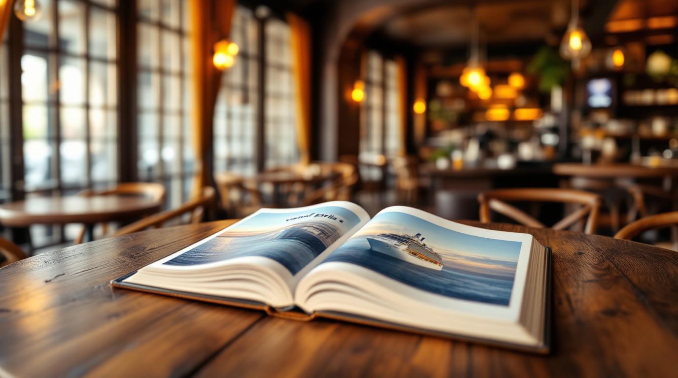 Een opengeslagen reisgids of brochure met een schitterende afbeelding van een cruiseschip, waarop een opvallend lage 'vanaf prijs' staat.