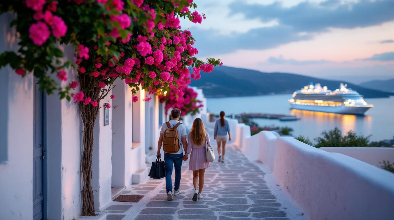 Reizigers wandelen langs een smal, geplaveid steegje in een Europees stadje.