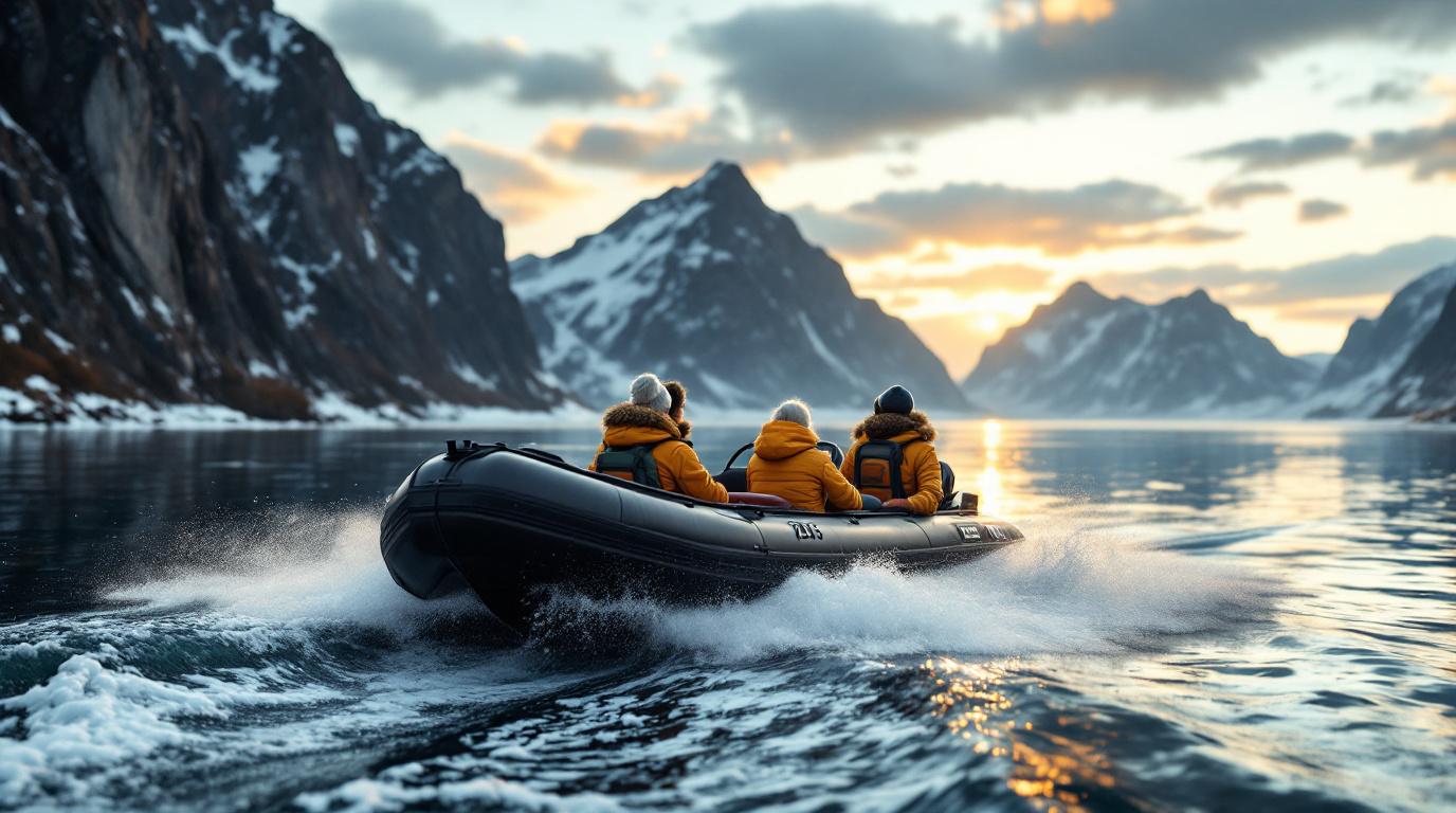 Een zodiacboot met passagiers in warme kleding.