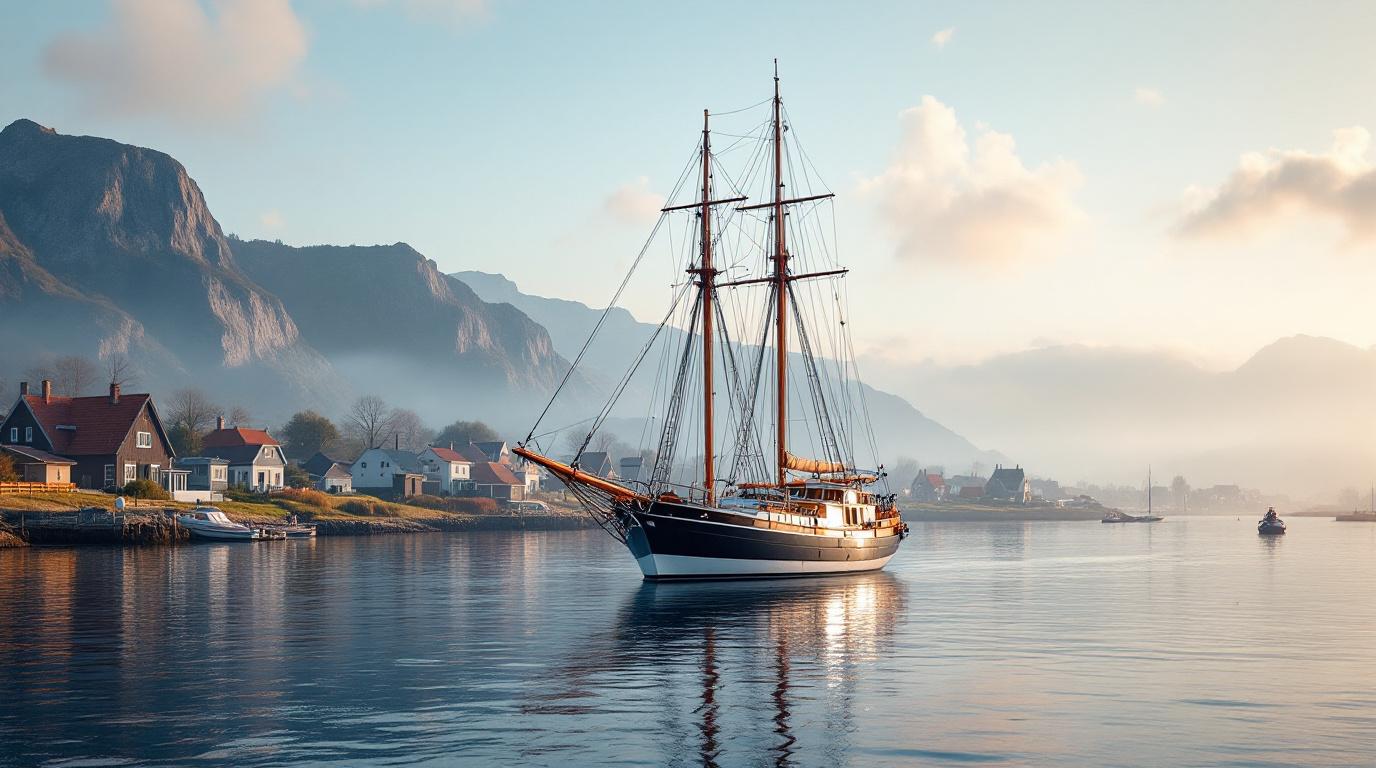 Een klein expeditiecruiseschip, zichtbaar van de zijkant.